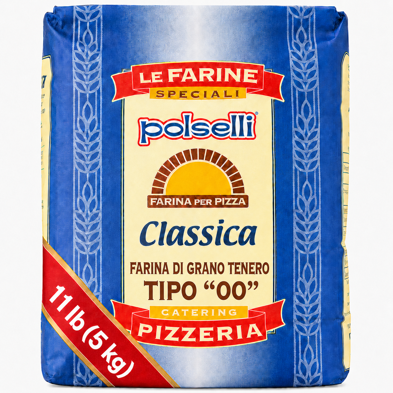 Polselli pizza flour bag with blue and yellow design on a white background