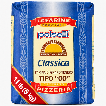 Polselli pizza flour bag with blue and yellow design on a white background
