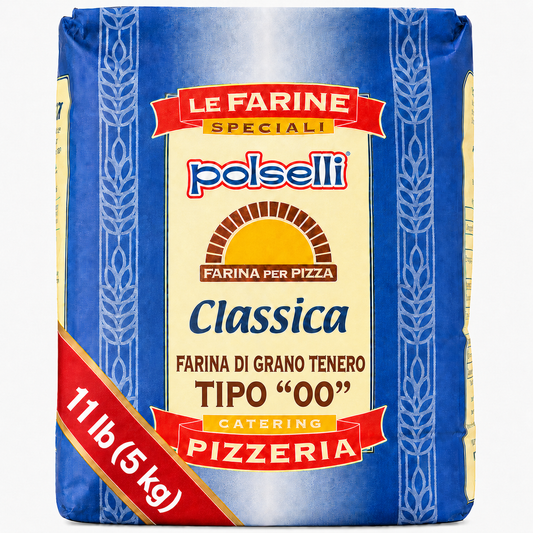 Polselli pizza flour bag with blue and yellow design on a white background