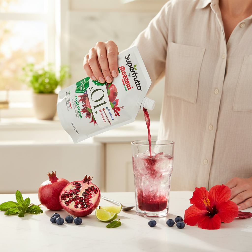 Woman preparing blueberry pomegranate hibiscus mocktail with Superfrutto by Mazzoni N.01 fruit puree