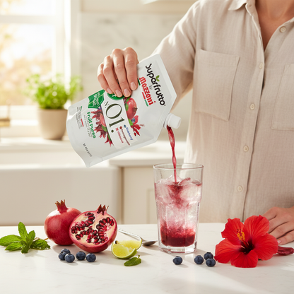 Woman preparing blueberry pomegranate hibiscus mocktail with Superfrutto by Mazzoni N.01 fruit puree