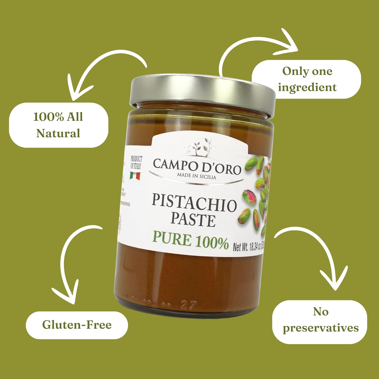 Jar of Campo D’Oro pure pistachio paste 100% 520g authentic Italian gourmet pistachio spread