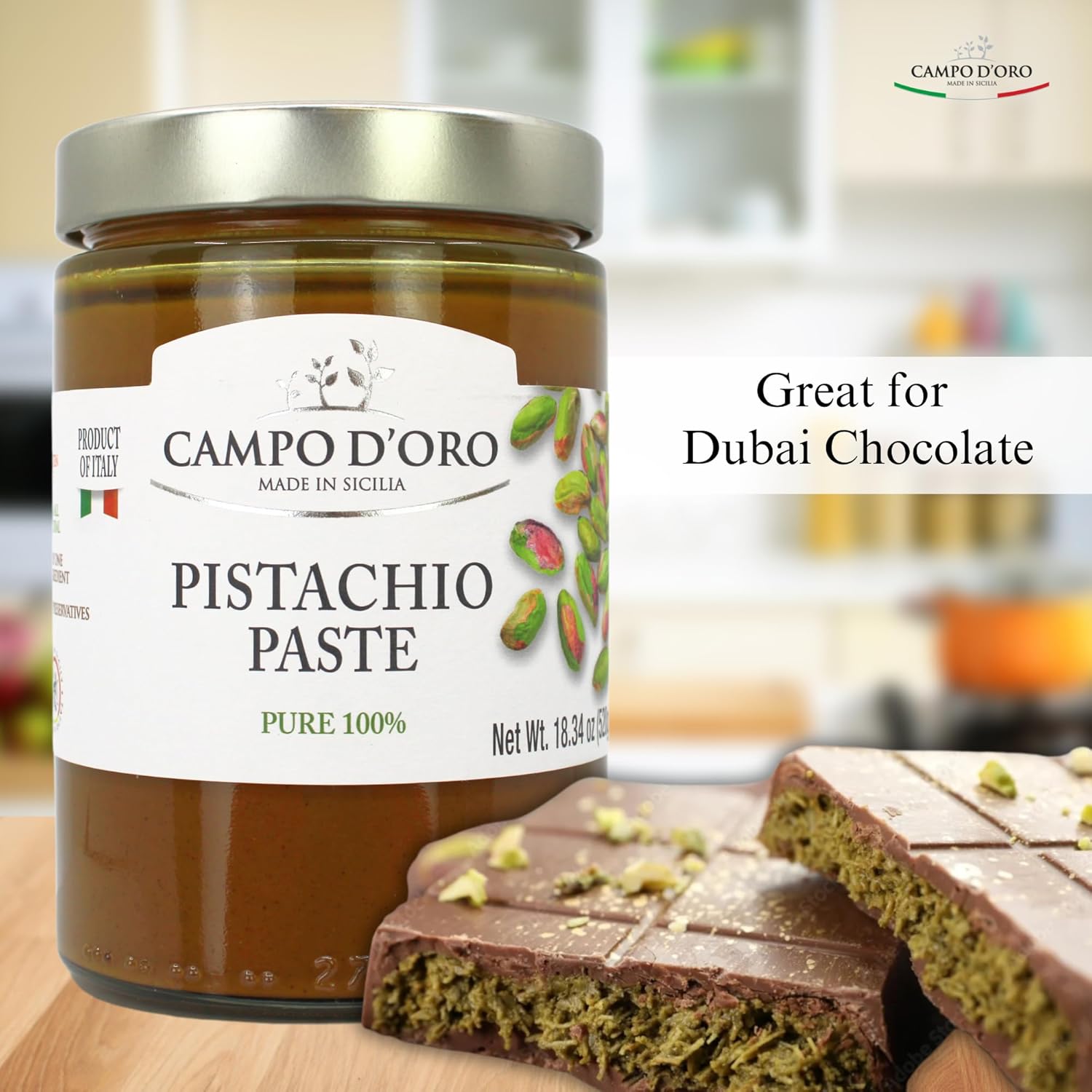 Jar of Campo D’Oro pure pistachio paste 100% 520g authentic Italian gourmet pistachio spread