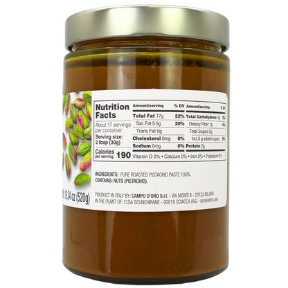 Jar of Campo D’Oro pure pistachio paste 100% 520g authentic Italian gourmet pistachio spread