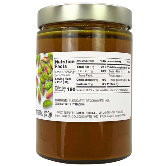 Jar of Campo D’Oro pure pistachio paste 100% 520g authentic Italian gourmet pistachio spread