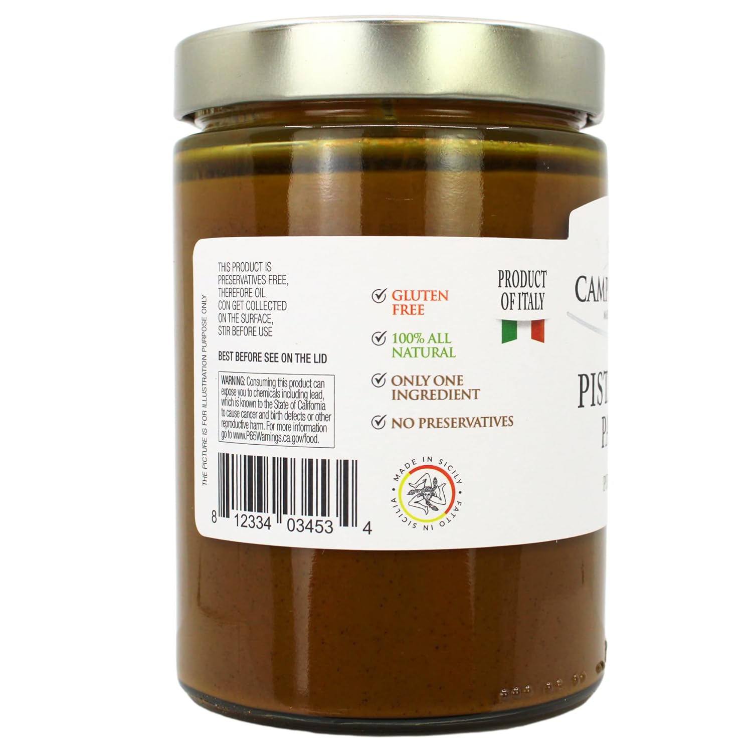 Jar of Campo D’Oro pure pistachio paste 100% 520g authentic Italian gourmet pistachio spread