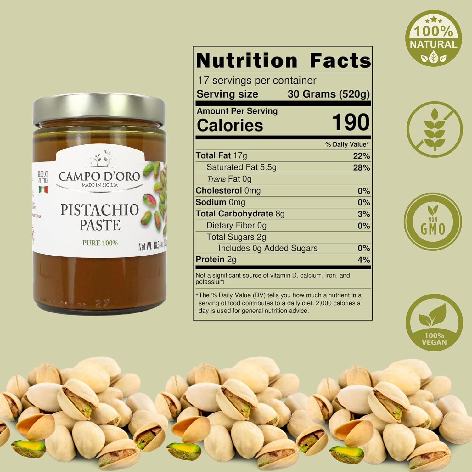 Jar of Campo D’Oro pure pistachio paste 100% 520g authentic Italian gourmet pistachio spread