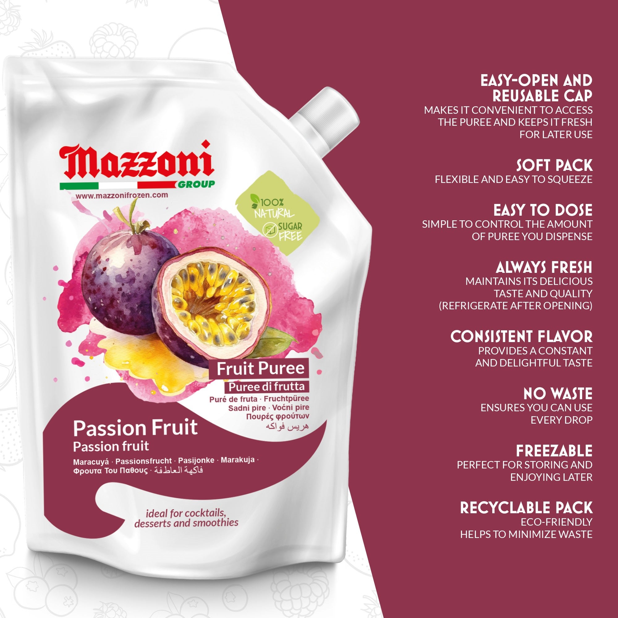 Mazzoni PassionFruit Puree, 100% Pure Passion Fruit, Maracuya Pulp, Just Fruit, No Sugar Added, Real Fruit for, Smoothies, Drinks, Cocktails, Fruit Juice - 2.2 lb Convenient Pouch, Made in Italy
