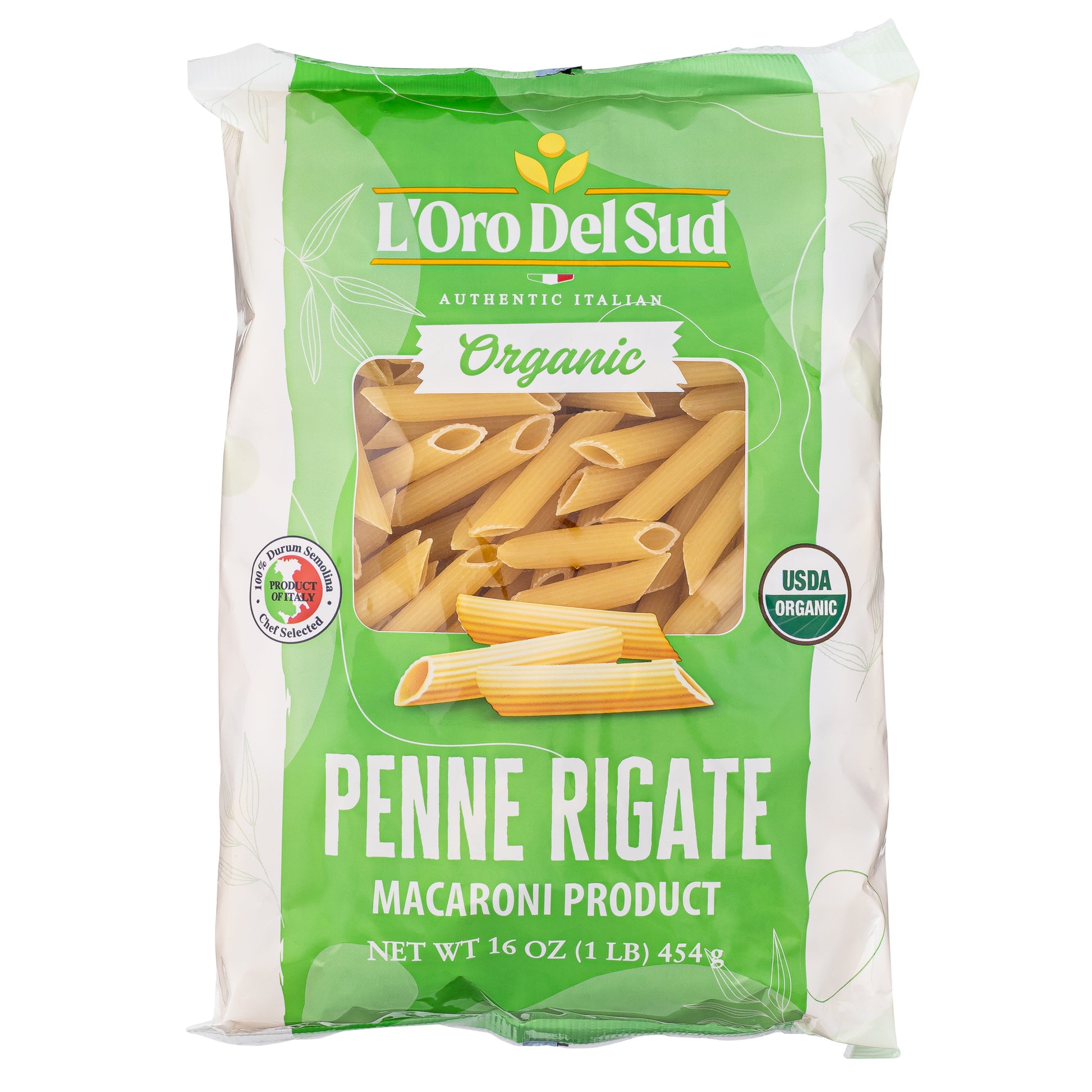 A package of L'Oro Del Sud Organic Penne Rigate Pasta showing the pasta inside the package with a green label, indicating it is a macaroni product and highlighting its organic certification.