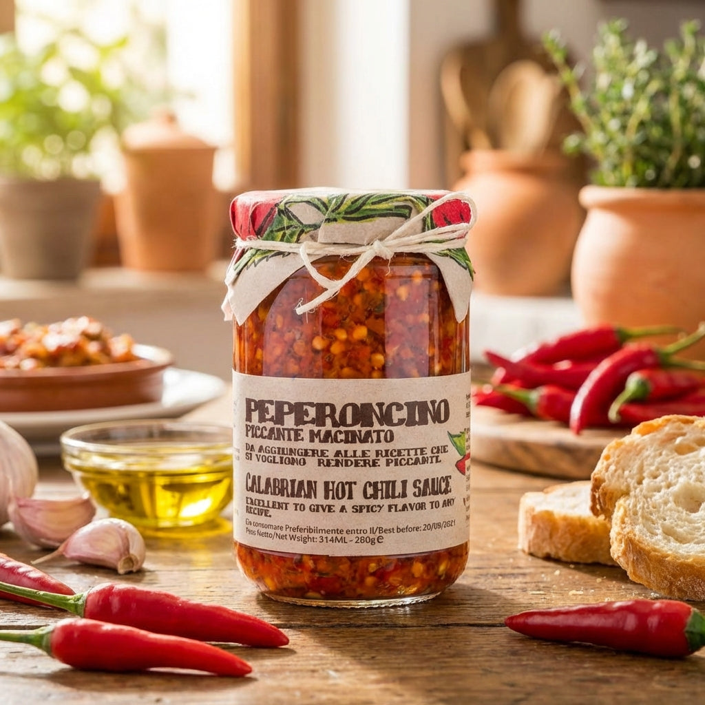 Jar of Pepperoncino hot chili sauce on a wooden table with ingredients and plants in the background