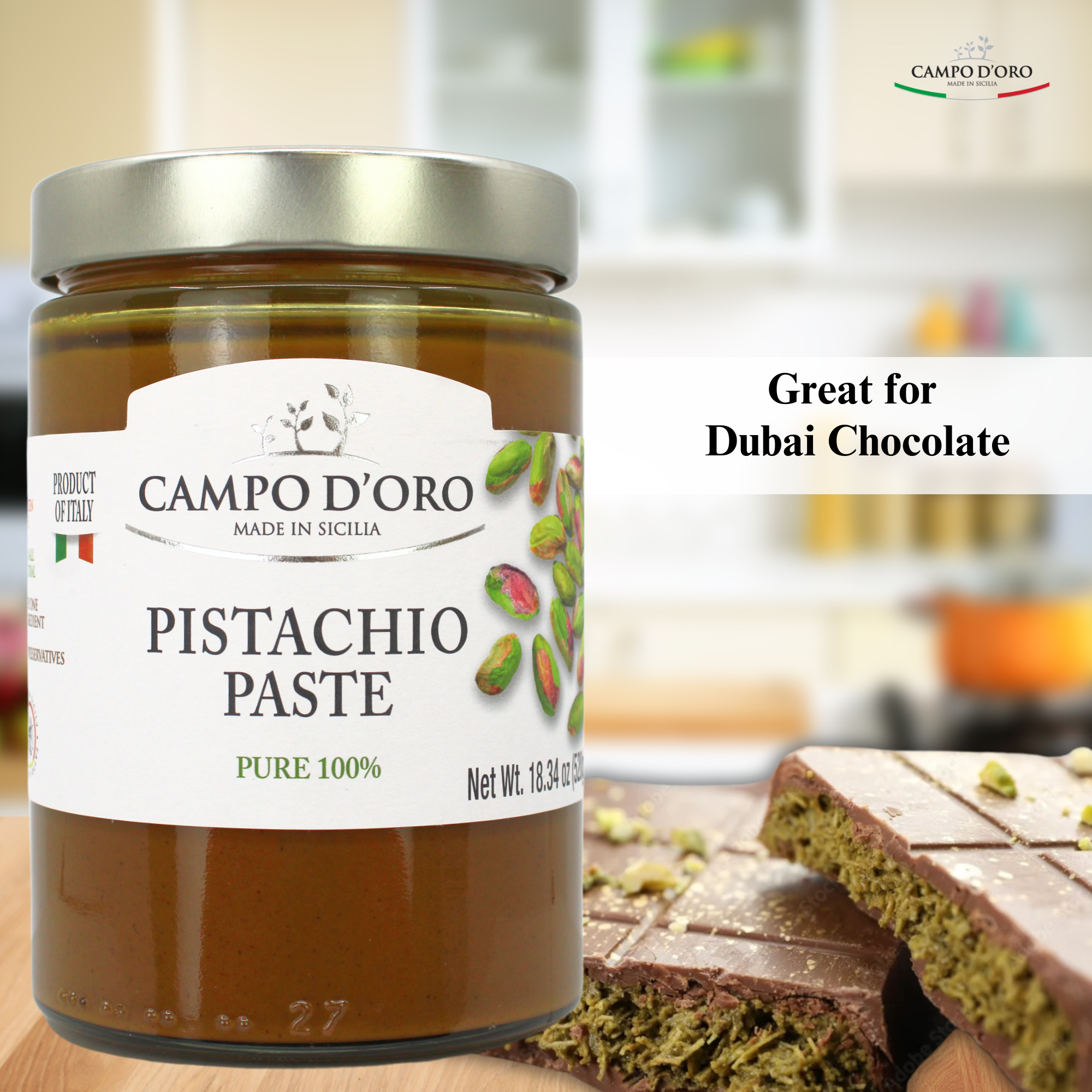 Campo D'Oro, Pure Pistachio Paste, 100% Pistachio, 18.34 oz (520g)