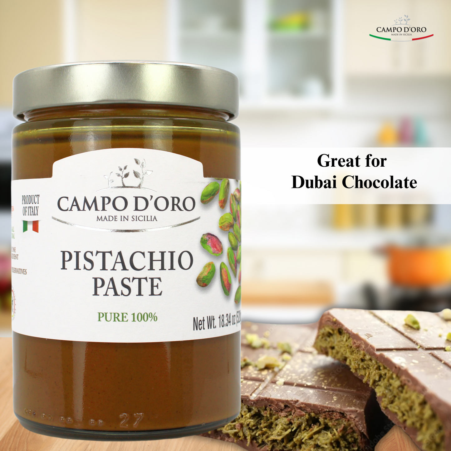 Campo D'Oro, Pure Pistachio Paste, 100% Pistachio, 18.34 oz