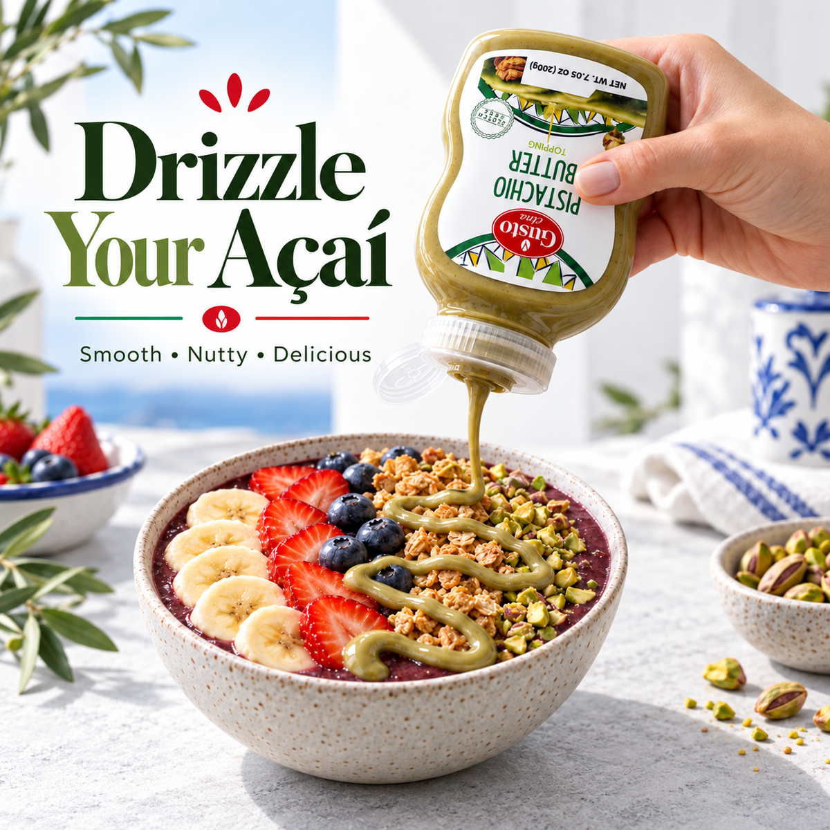 A hand holds a squeeze bottle of Pistachio Butter spread over a colorful smoothie bowl topped with sliced bananas, strawberries, blueberries, and crushed pistachios. Large text on the left reads 'Drizzle Your Açaí' with smaller copy 'Smooth • Nutty • Delicious.
