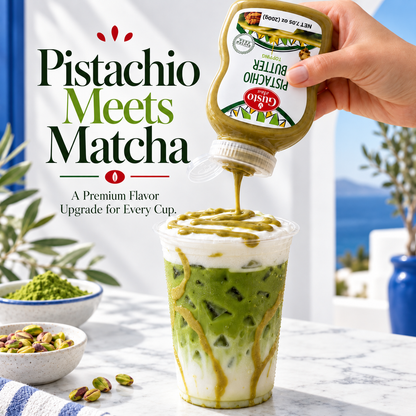 A hand holds a bottle of Pistachio Butter from Olio's over a matcha iced drink topped with whipped cream, with pistachio powder and nuts on a marble table in a bright outdoor setting. Large text reads 'Pistachio Meets Matcha'.