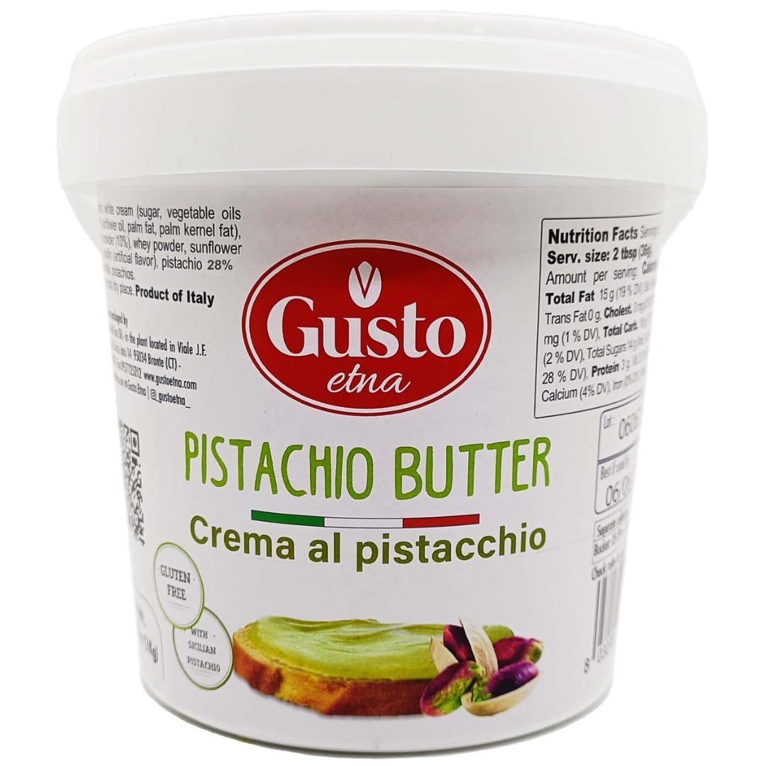 Gusto Etna,Sweet Pistachio Nut Butter Cream, Bulk Tub, 2.2 LB (1 Kg), Rich & Nutty filling Pistachio Cream for Knafeh Pistachio Chocolate Bars