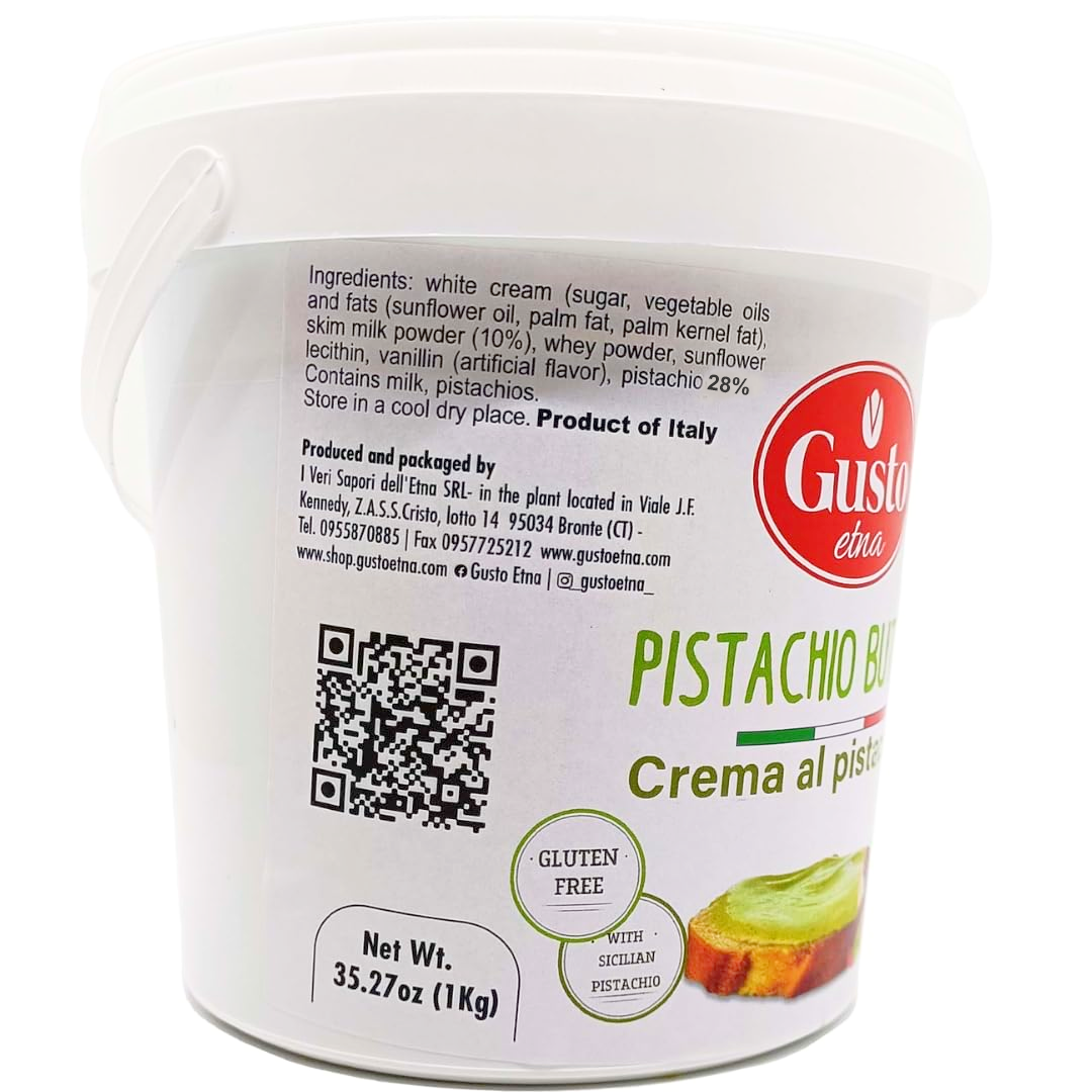 Gusto Etna,Sweet Pistachio Nut Butter Cream, Bulk Tub, 2.2 LB (1 Kg), Rich & Nutty filling Pistachio Cream for Knafeh Pistachio Chocolate Bars