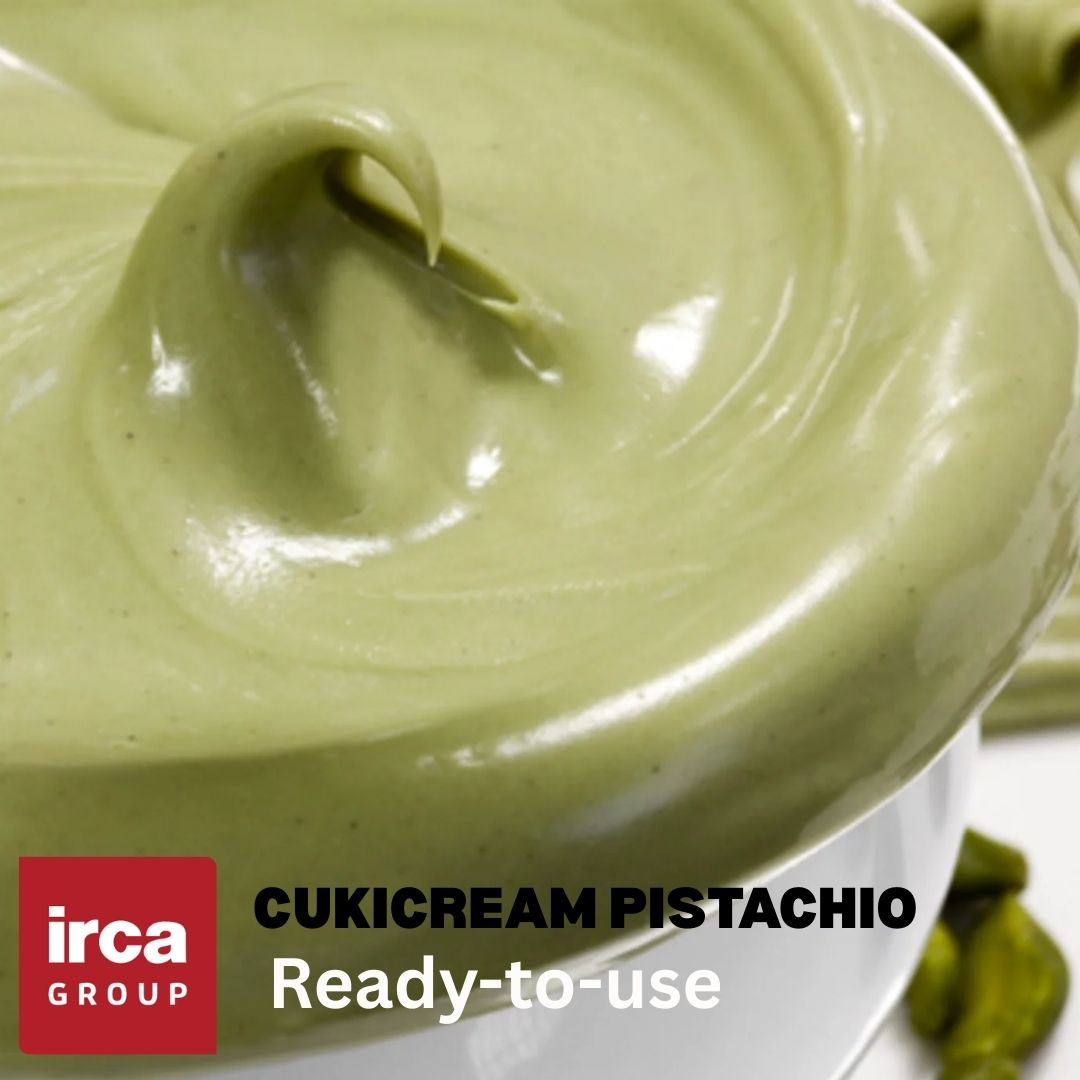 Green cream in a container with 'irca' brand logo and text 'CUKICREAM PISTACHIO Ready-to-use'.