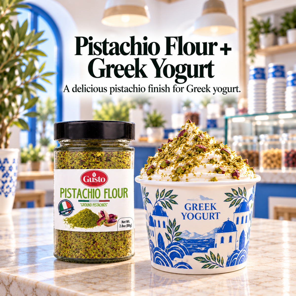 A jar of Gusto Pistachio Flour and a cup of Greek Yogurt topped with chopped pistachios, displayed on a marble countertop in a bright, blurred kitchen or bakery setting. Text at the top reads 'Pistachio Flour + Greek Yogurt'.