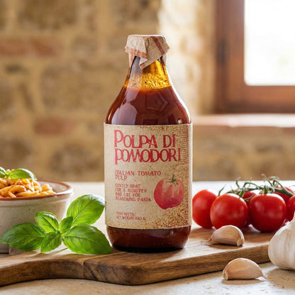Bottle of Polpa Di Pomodori tomato pulp on a wooden board with tomatoes and basil.