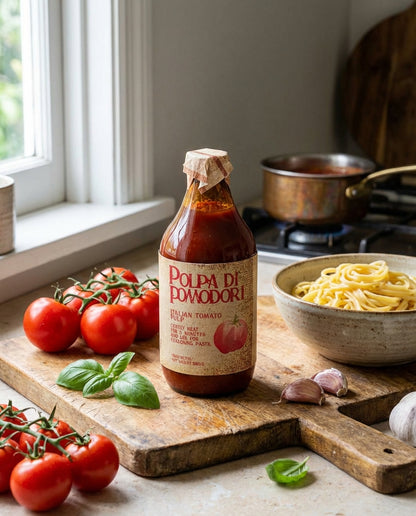 Bottle of 'Polpa di Pomodori' tomato paste on a wooden cutting board with tomatoes and pasta in the background.