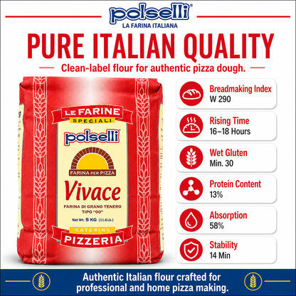 Polselli pizza flour type 00 bag with breadmaking index information on a white background