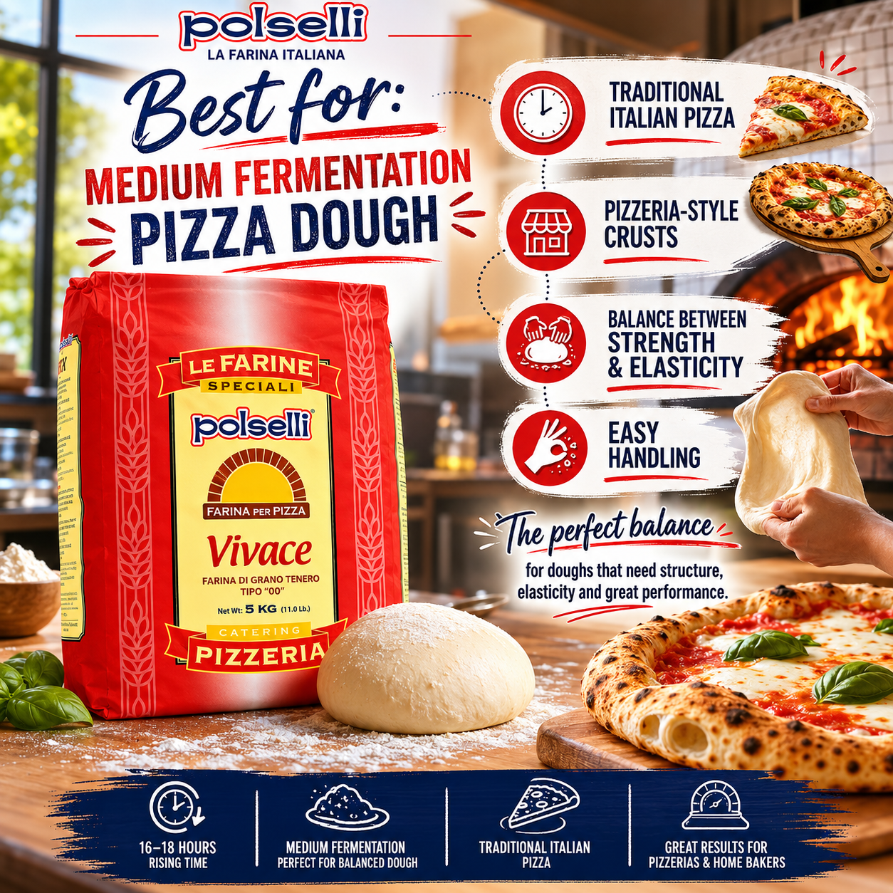 Polselli pizza flour type 00 bag with breadmaking index information on a white background