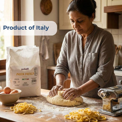 Woman making pasta in a kitchen with a bag of pasta fresca labeled 'Product of Italy'.