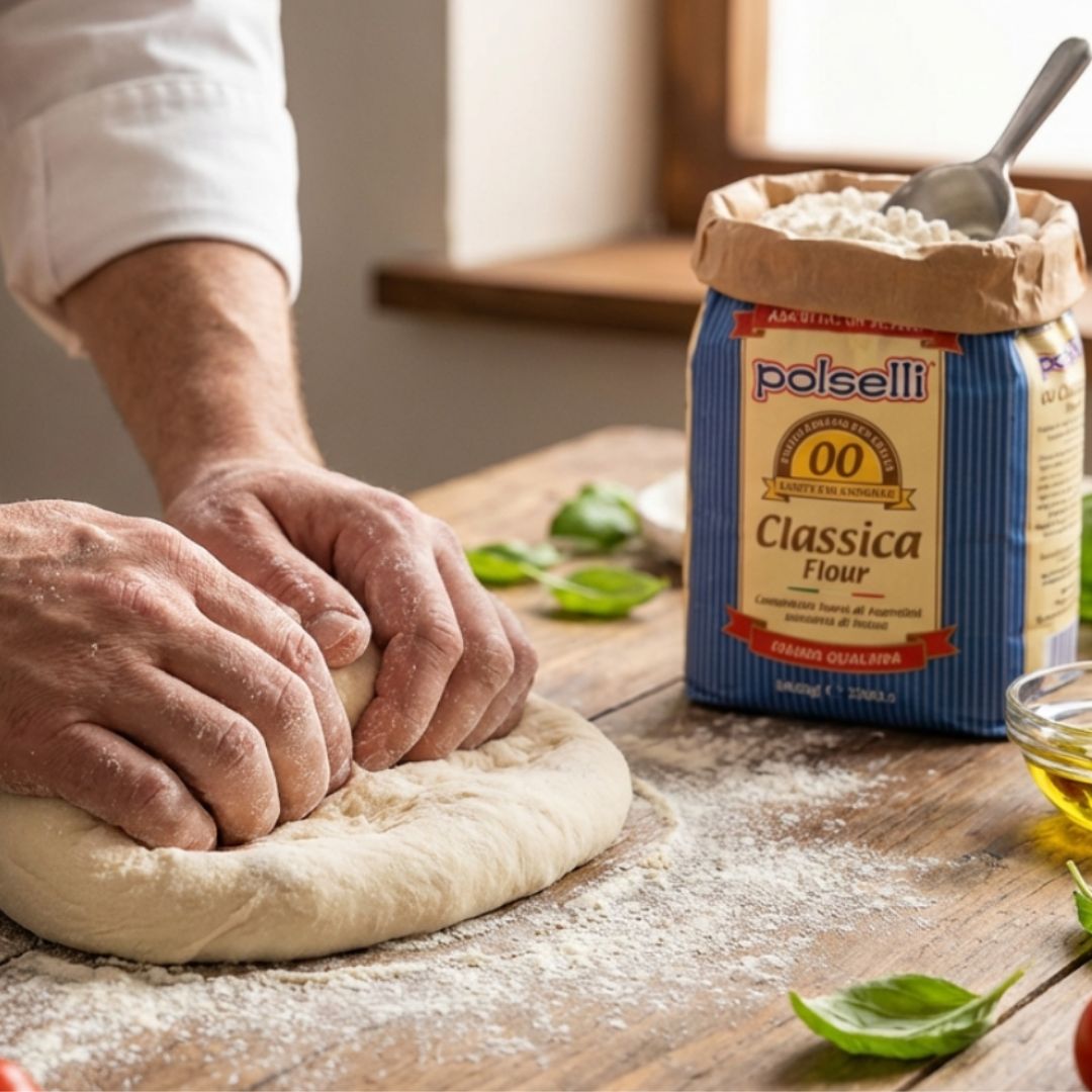 Person kneading dough with a bag of polselli Classica flour on a wooden surface.