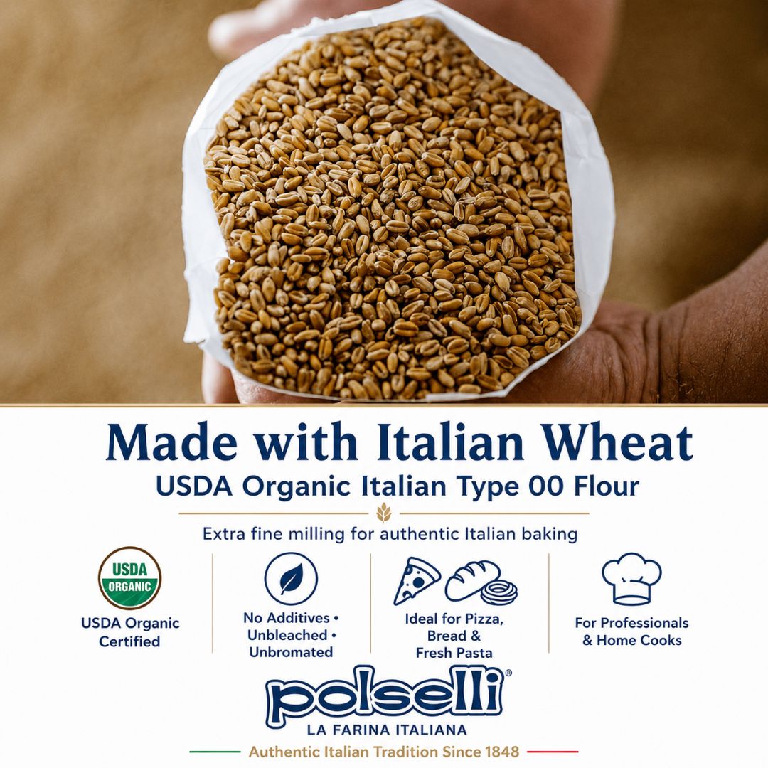 A hand holding a white paper bag filled with brown Italian wheat grains, above a branded white section that reads 'Made with Italian Wheat' and shows the Polselli logo with USDA Organic certification icons.