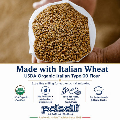 A hand holding a white paper bag filled with brown Italian wheat grains, above a branded white section that reads 'Made with Italian Wheat' and shows the Polselli logo with USDA Organic certification icons.