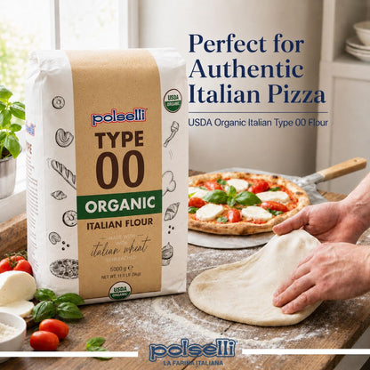 A bag of Polselli Type 00 Organic Italian Flour is shown on a rustic kitchen counter next to a freshly made pizza and dough being stretched by hands. The packaging is white and brown with green accents, and the background features a bright kitchen setting.