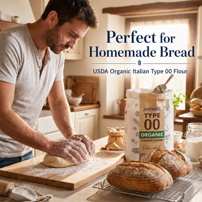 A man kneads dough on a wooden cutting board in a warm kitchen setting, with a bag of Colavita Type 00 Organic Italian Flour and several rustic bread loaves nearby. Text on the image reads, 'Perfect for Homemade Bread' and 'USDA Organic Italian Type 00 Flour.