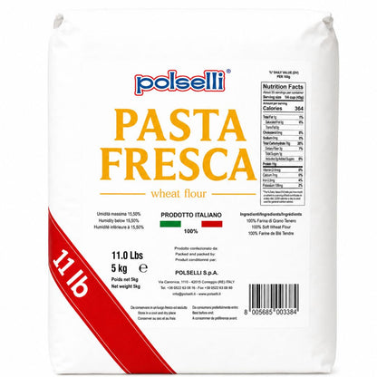 A 11 lb white bag of Polselli Pasta Fresca wheat flour, featuring yellow text and a red diagonal stripe on the lower left, with product details and a nutrition facts panel visible on the back.