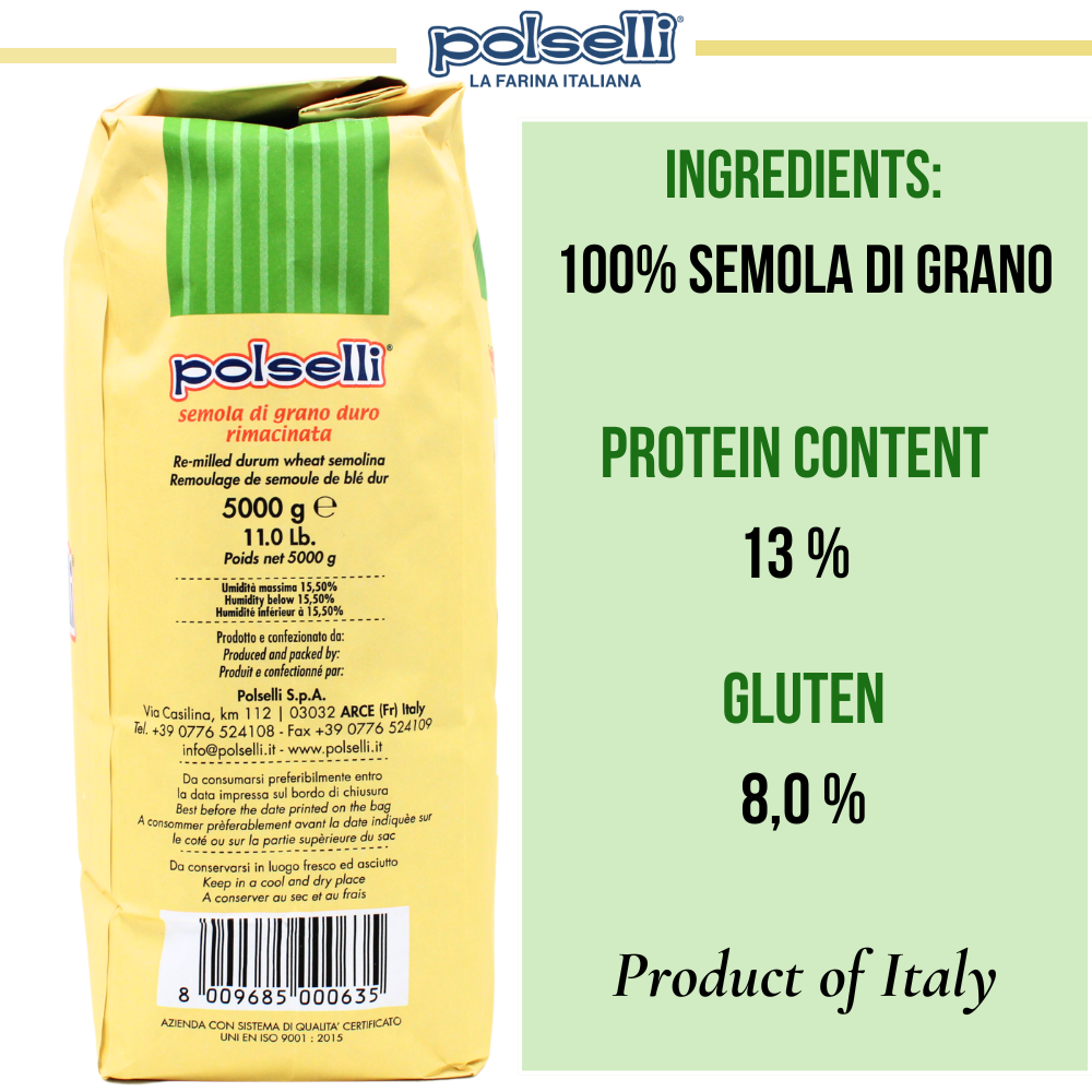 Polselli, Semola Flour, Semola Rimachinata Flour, Semolina di Grano Duro 5 kg/ 11 lb