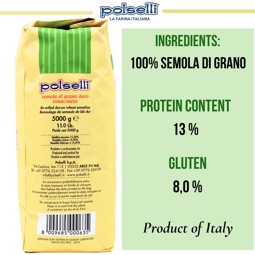 Polselli, Semola Flour, Semola Rimachinata Flour, Semolina di Grano Duro, 11 lb