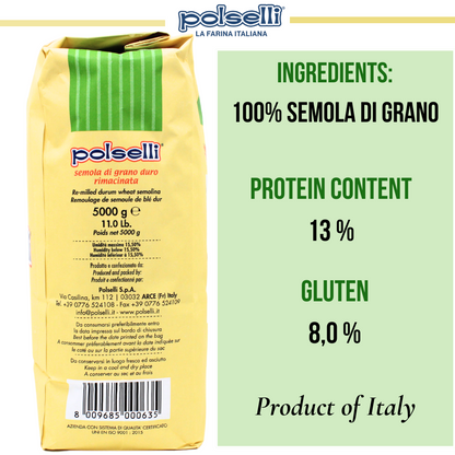 Polselli, Semola Flour, Semola Rimachinata Flour, Semolina di Grano Duro, 11 lb