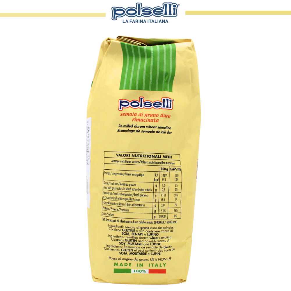 Polselli, Semola Flour, Semola Rimachinata Flour, Semolina di Grano Duro 5 kg/ 11 lb