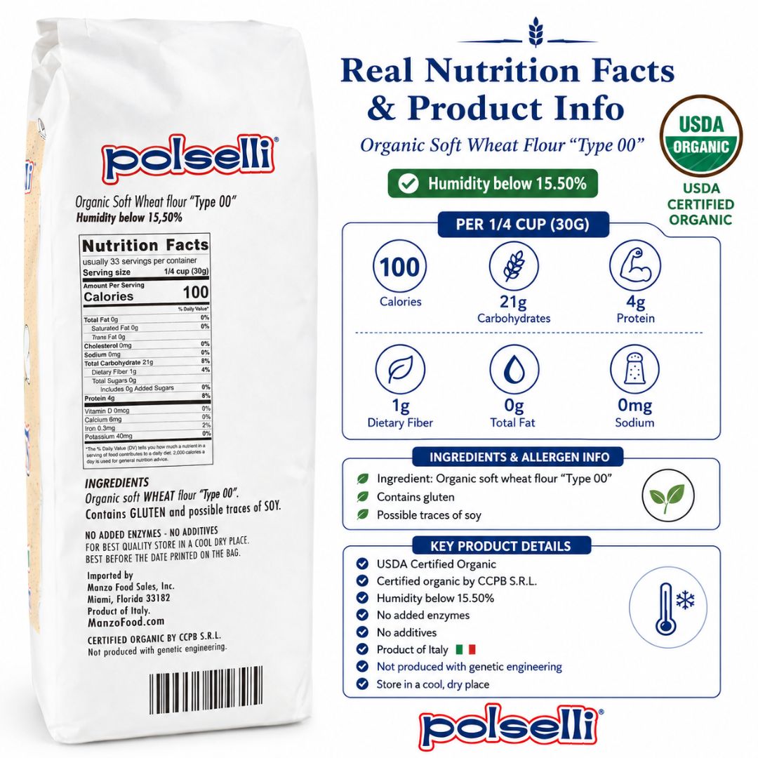 A promotional product graphic for Mazafood Polselli Organic Soft Wheat Flour Type 00. The image shows a white bag of flour on the left with its nutrition facts and ingredients partially visible, alongside a detailed blue informational panel on the right detailing product benefits, nutrition facts, and key features.