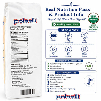 A promotional product graphic for Mazafood Polselli Organic Soft Wheat Flour Type 00. The image shows a white bag of flour on the left with its nutrition facts and ingredients partially visible, alongside a detailed blue informational panel on the right detailing product benefits, nutrition facts, and key features.