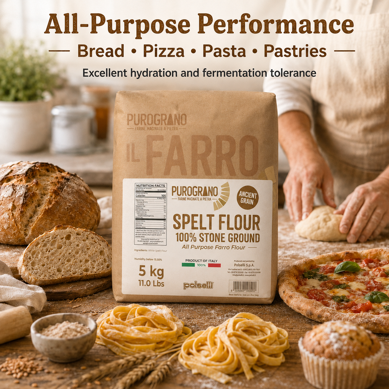 Milled in Italy for dependable handling, this spelt flour is built for everyday cooking, baking, and professional kitchens.