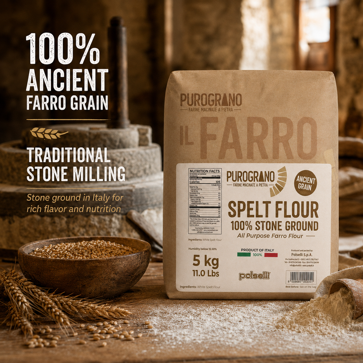Milled in Italy for dependable handling, this spelt flour is built for everyday cooking, baking, and professional kitchens.