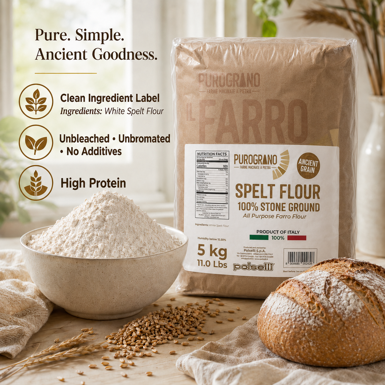 Milled in Italy for dependable handling, this spelt flour is built for everyday cooking, baking, and professional kitchens.