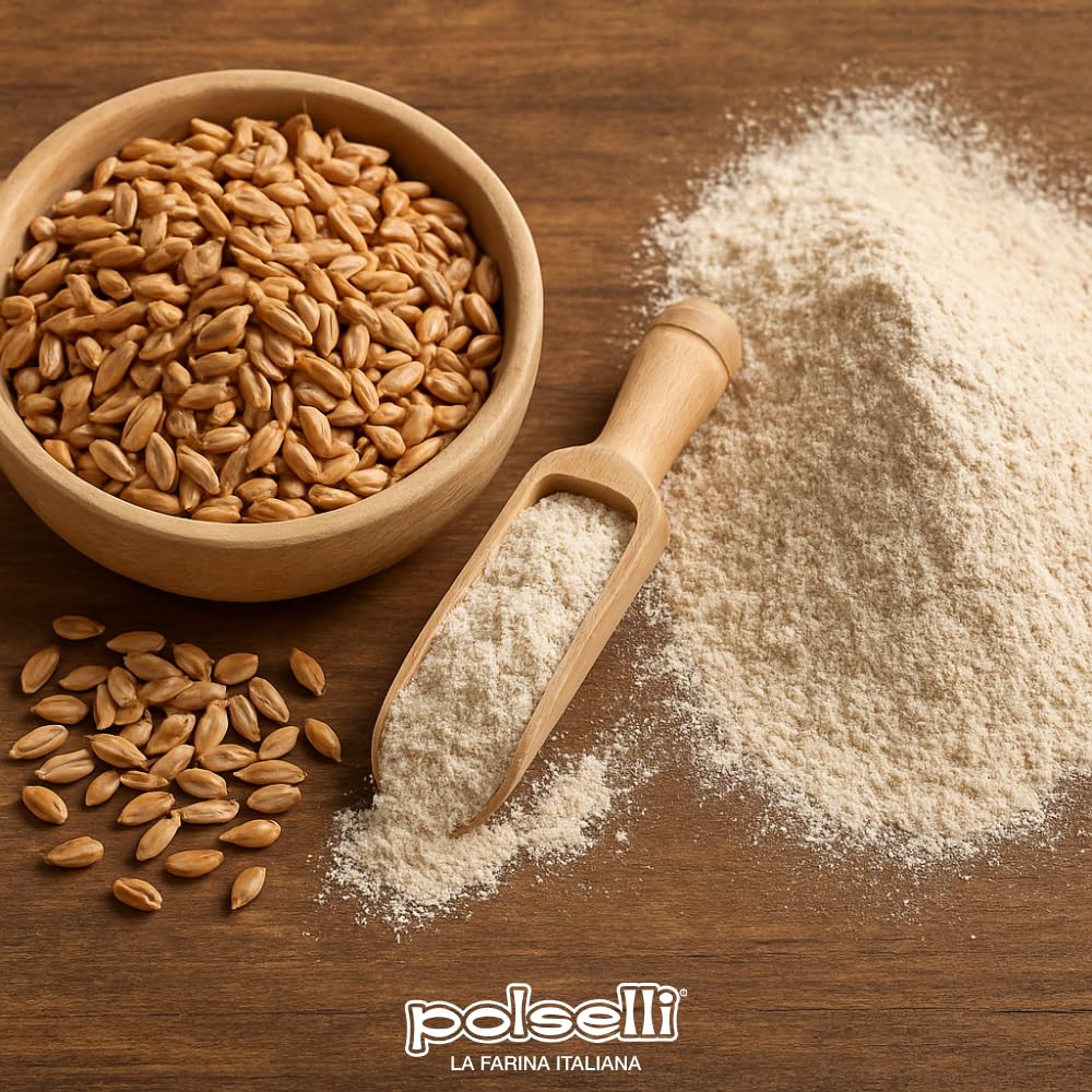 Wooden bowl with wheat grains, a scoop of flour, and scattered wheat on a wooden surface with Polselvi branding.