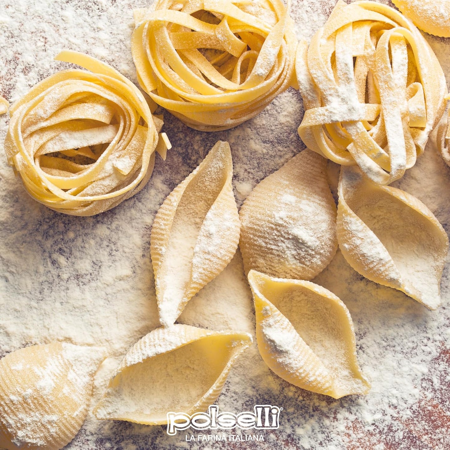Pasta including tagliatelle and orecchiette on a textured surface with 'polceffi' branding.