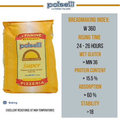 Polselli pizza flour package with product details on a gray background