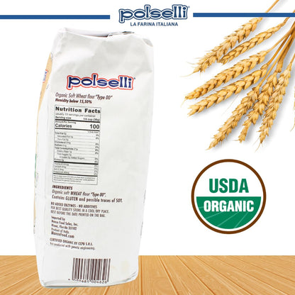 Polselli organic flour bag with wheat ears and USDA Organic label on a wooden surface