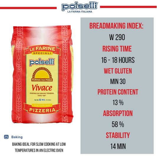 Polselli pizza flour type 00 bag with breadmaking index information on a white background