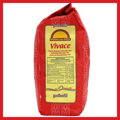 Red bag of Polseli Vivace pizza flour with yellow label on a white background