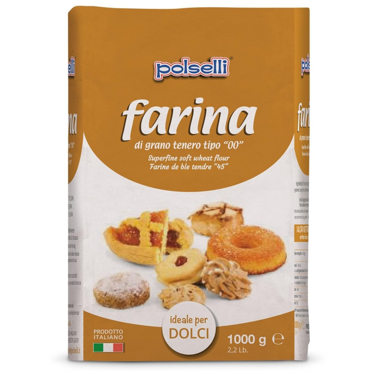 Packaging of Polselli fine pastry flour showing the brand logo, product name, and images of pastries on the front.