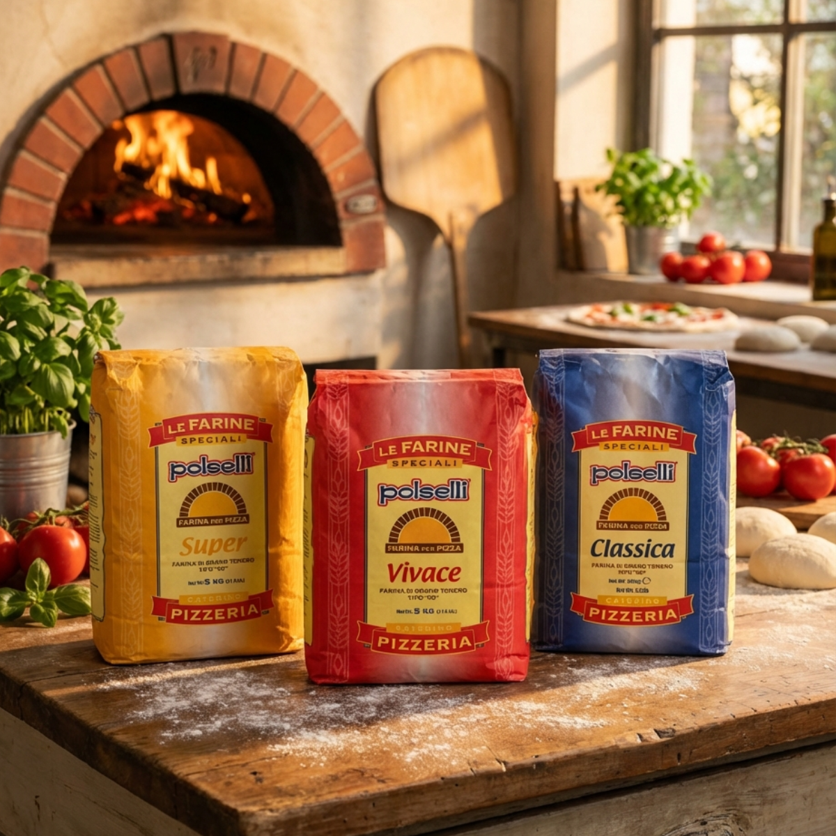 A traditional Italian pizzeria scene featuring Polselli pizza flours displayed on a rustic worktable beside a wood-fired oven and fresh ingredients.